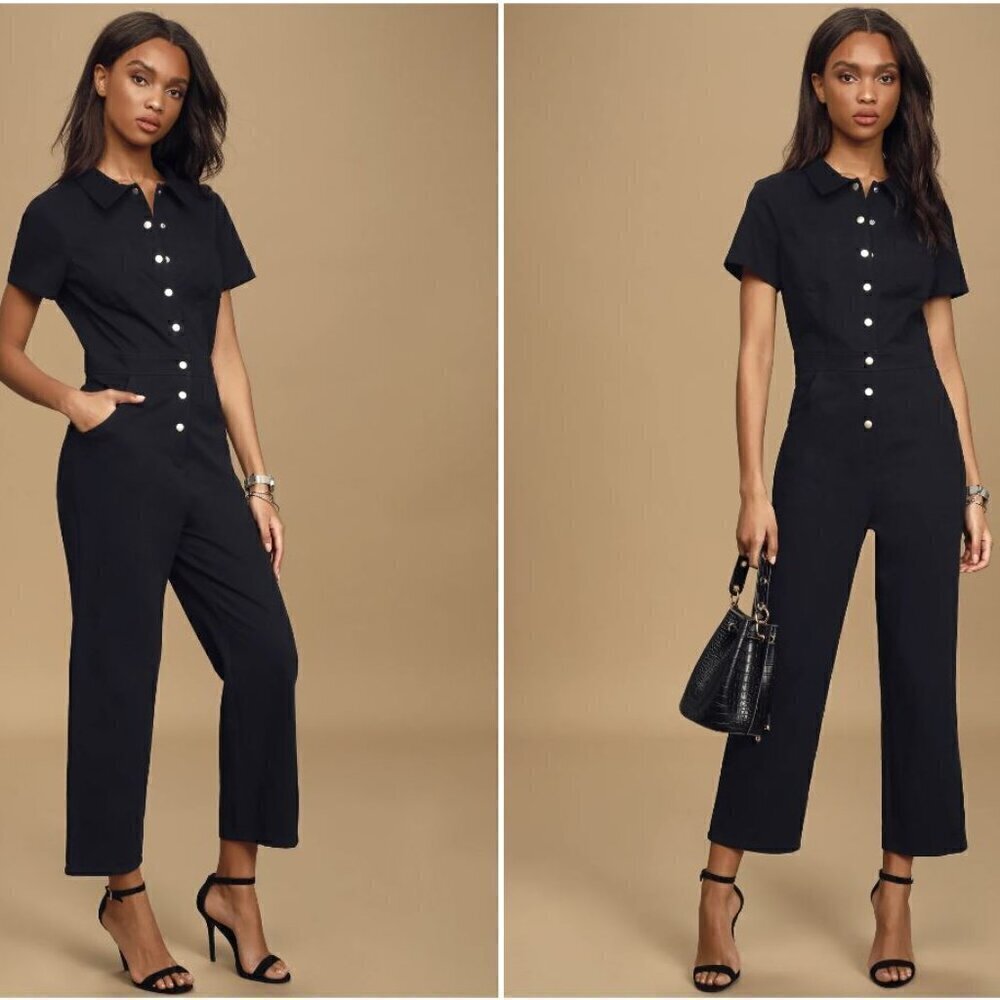 Lulu’s Trailblazer Black Denim Button Front Utility Short Sleeve Jumpsuit Large